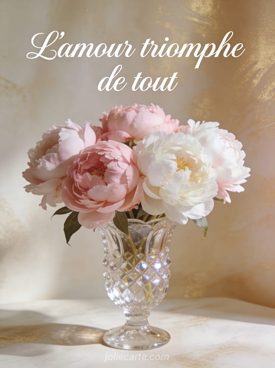 Bouquet de pivoines roses et blanches dans un vase en cristal avec le texte L'amour triomphe de tout