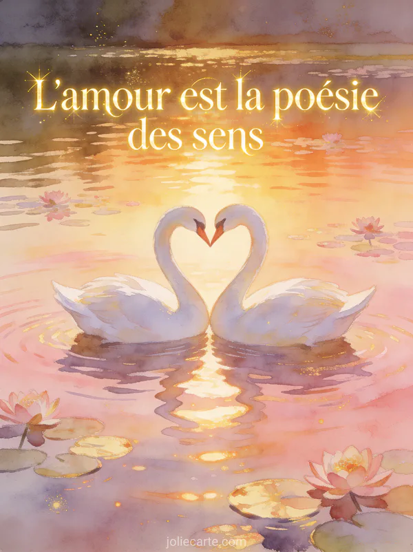 Deux cygnes blancs formant un cœur sur un lac au coucher du soleil en aquarelle avec le texte L'amour est la poésie des sens