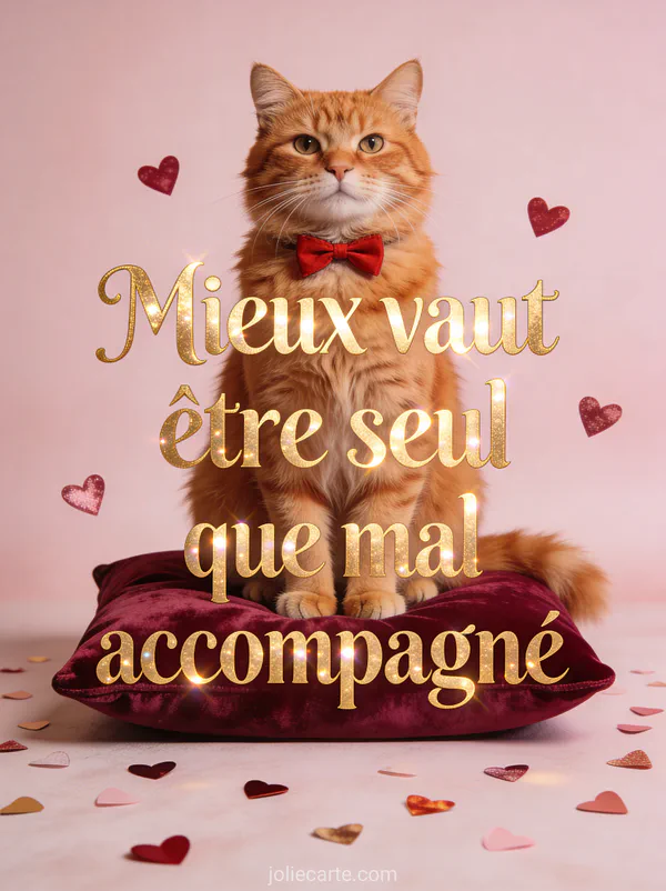 Chat roux avec nœud papillon rouge assis sur un coussin de velours avec le texte Mieux vaut être seul que mal accompagné