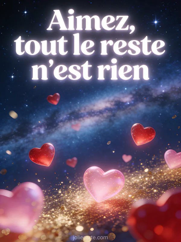 Cœurs lumineux rouges et roses flottant dans un ciel étoilé avec le texte Aimez tout le reste n'est rien