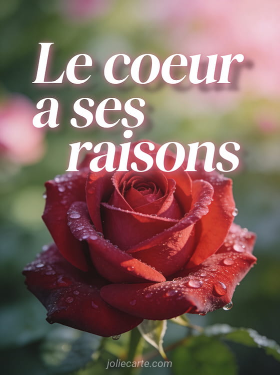 Rose rouge couverte de rosée en gros plan macro avec le texte Le cœur a ses raisons