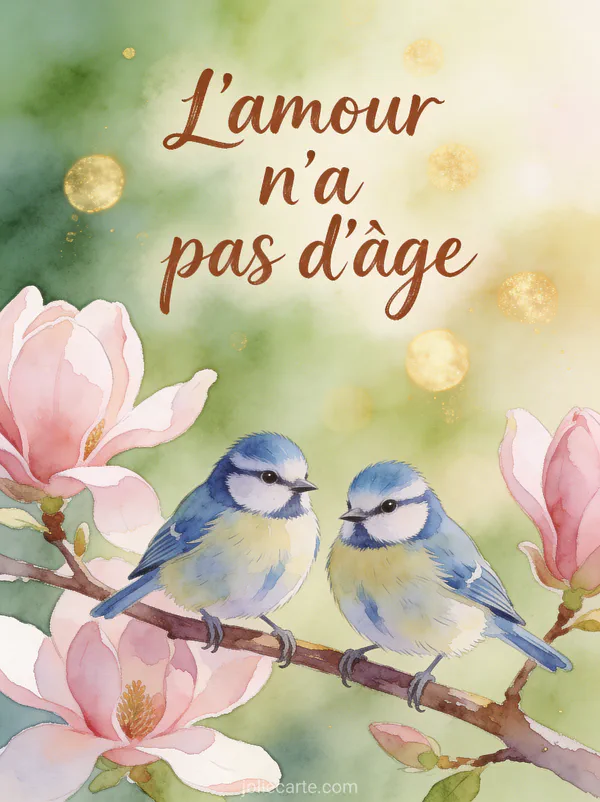 Deux mésanges bleues posées sur une branche de magnolia en fleurs avec le texte L'amour n'a pas d'âge