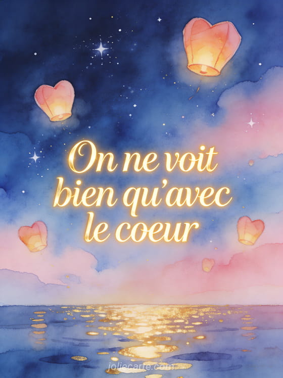 Lanternes en forme de cœur flottant dans un ciel nocturne étoilé en aquarelle avec le texte On ne voit bien qu'avec le cœur