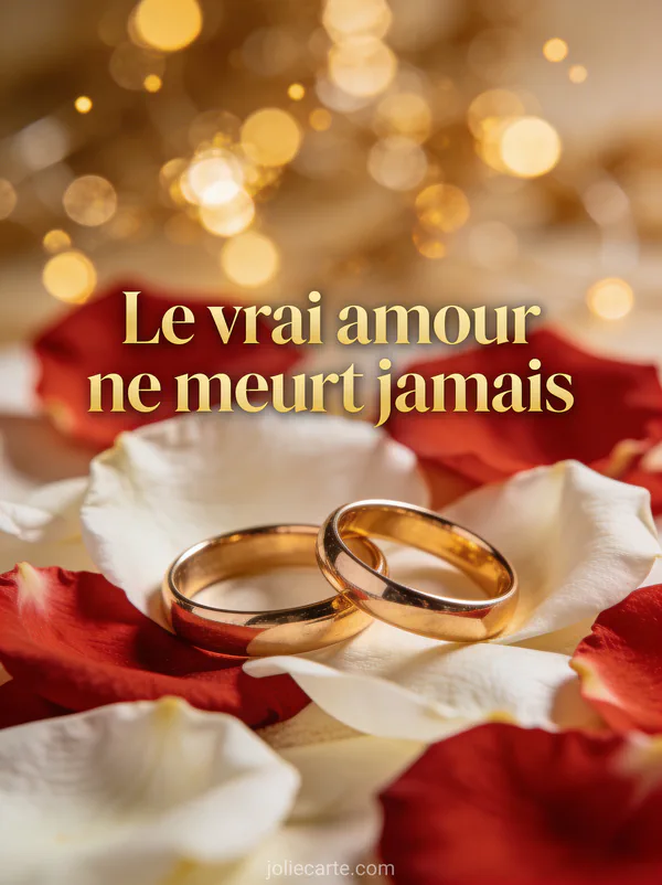 Deux alliances dorées sur un lit de pétales de roses rouges et blanches avec le texte Le vrai amour ne meurt jamais