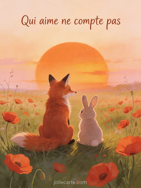 Renard roux et petit lapin assis ensemble regardant un coucher de soleil dans une prairie fleurie avec le texte Qui aime ne compte pas