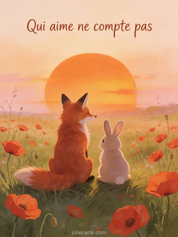 Renard roux et petit lapin assis ensemble regardant un coucher de soleil dans une prairie fleurie avec le texte Qui aime ne compte pas