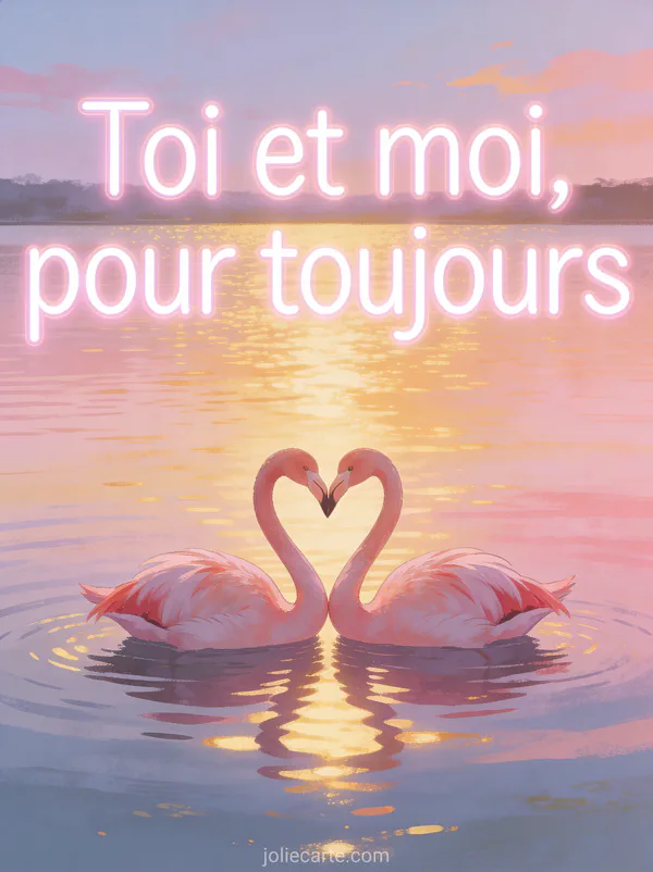 Deux flamants roses formant un cœur sur un lac au crépuscule avec le texte Toi et moi pour toujours