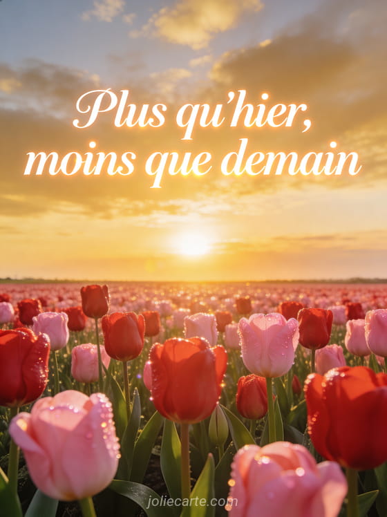 Champ de tulipes rouges et roses sous un ciel doré au lever du soleil avec le texte Plus qu'hier moins que demain