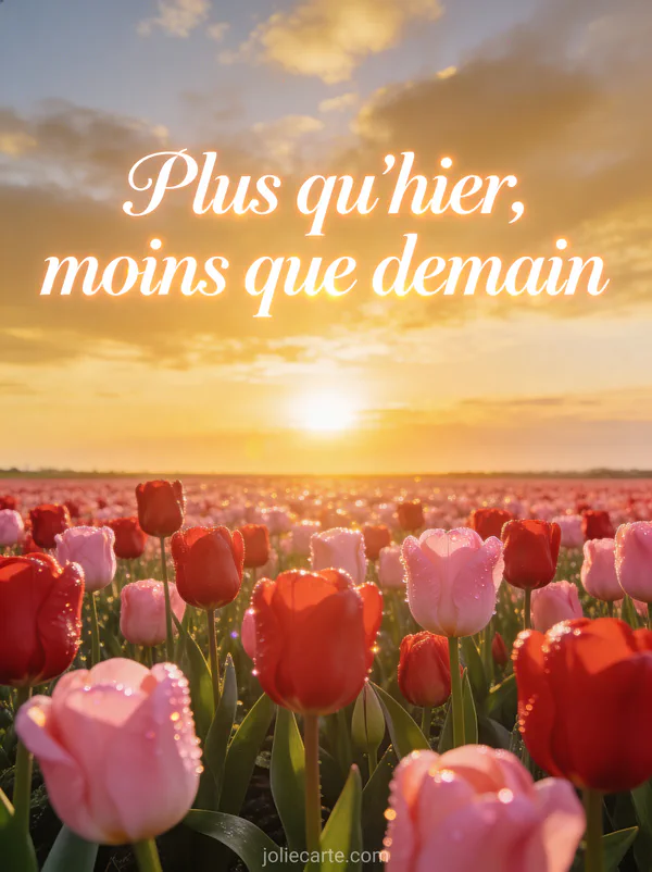 Champ de tulipes rouges et roses sous un ciel doré au lever du soleil avec le texte Plus qu'hier moins que demain
