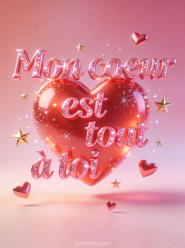Grand cœur lumineux rouge entouré d'étoiles dorées et de paillettes avec le texte Mon cœur est tout à toi