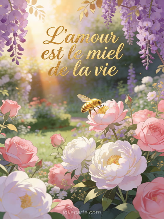 Jardin de roses pivoines et glycines en fleurs avec une abeille dorée et le texte L'amour est le miel de la vie