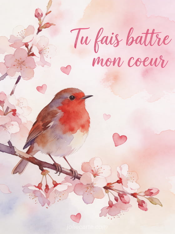 Oiseau rouge-gorge sur une branche de cerisier en fleurs avec petits cœurs roses et le texte Tu fais battre mon cœur