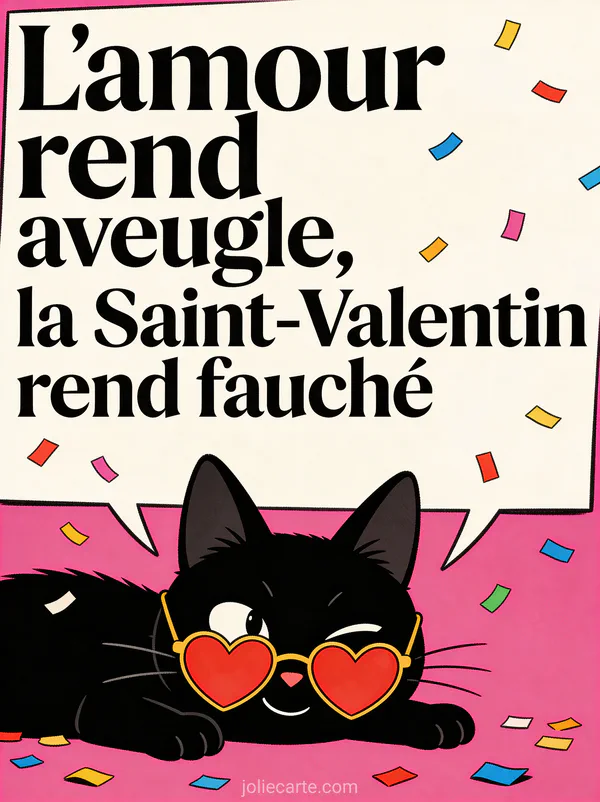 Chat noir malicieux portant des lunettes de soleil en forme de cœur sur fond rose avec le texte L'amour dure trois ans