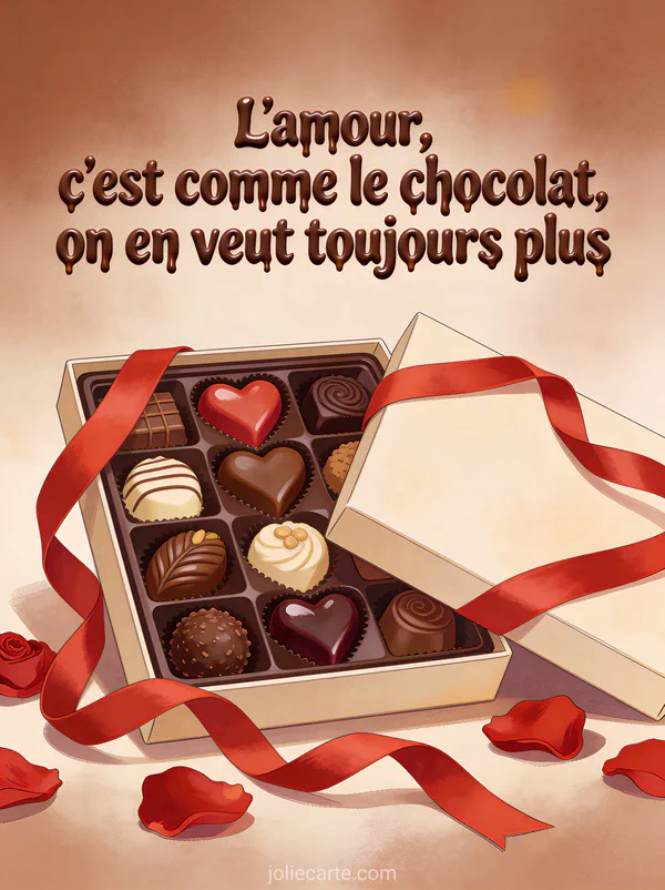 Boîte ouverte de chocolats fins en forme de cœur avec pralines et rubans rouges avec le texte Le chocolat est une preuve d'amour