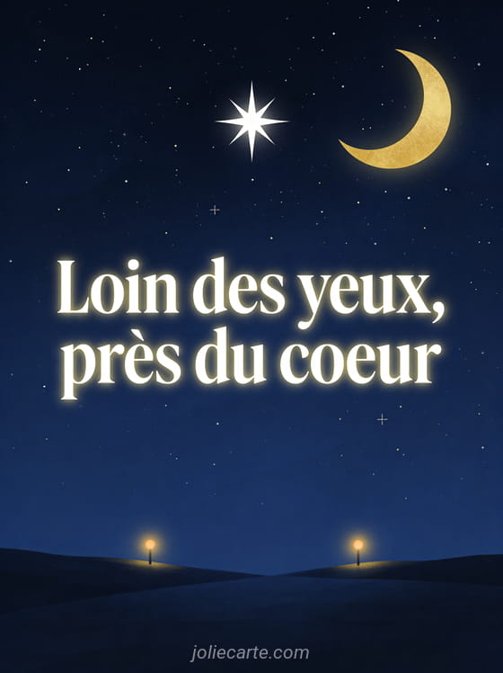 Ciel étoilé bleu nuit avec une étoile brillante et un croissant de lune doré avec le texte Loin des yeux près du cœur