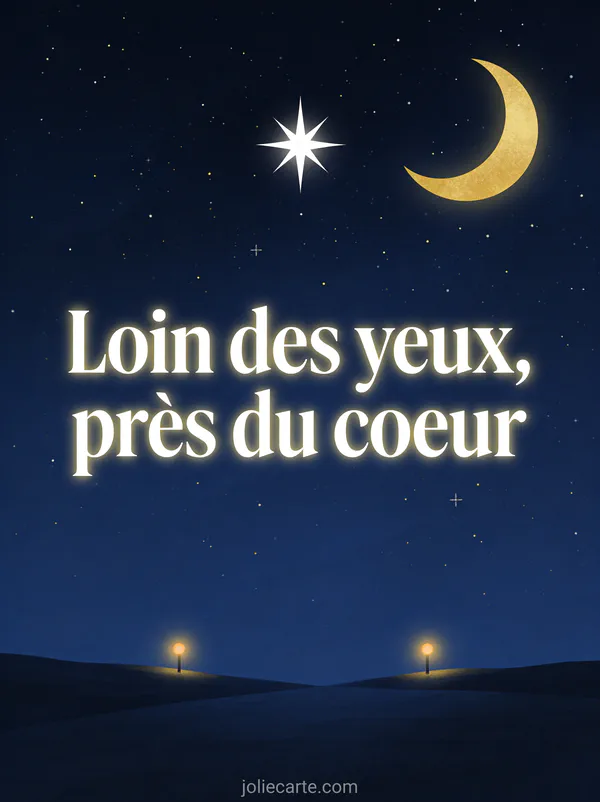 Ciel étoilé bleu nuit avec une étoile brillante et un croissant de lune doré avec le texte Loin des yeux près du cœur