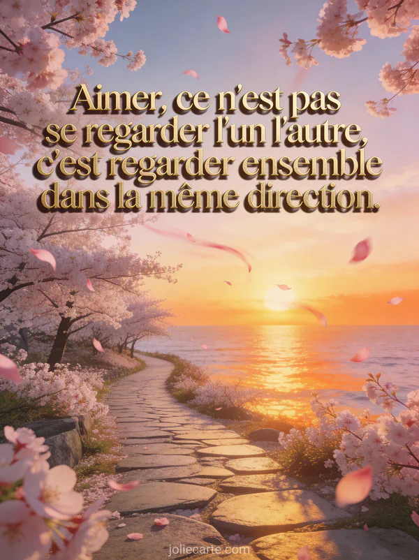 Chemin bordé de cerisiers en fleurs menant vers un coucher de soleil doré sur la mer avec le texte Aimer ce n'est pas se regarder l'un l'autre