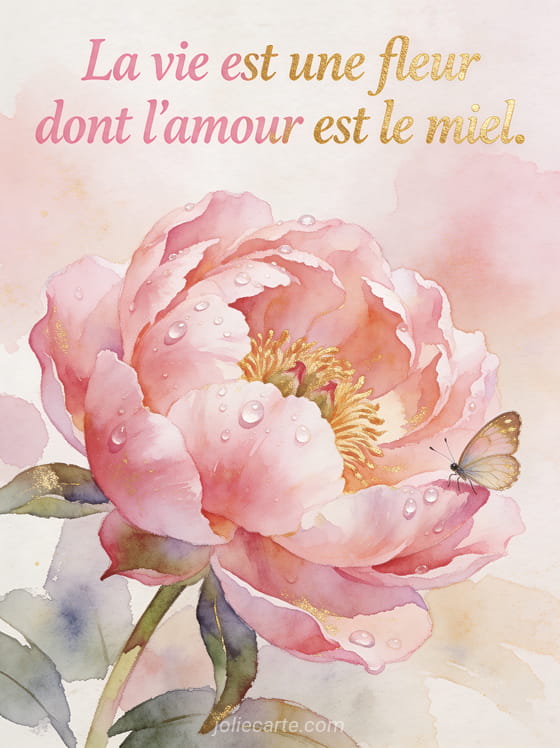 Illustration aquarelle d'une pivoine rose avec un papillon posé sur un pétale et le texte La vie est une fleur dont l'amour est le miel