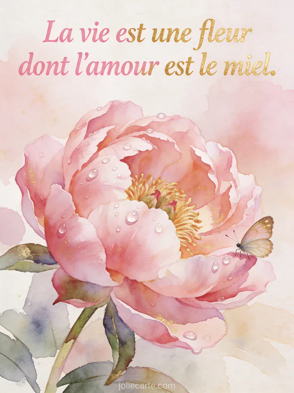 Illustration aquarelle d'une pivoine rose avec un papillon posé sur un pétale et le texte La vie est une fleur dont l'amour est le miel