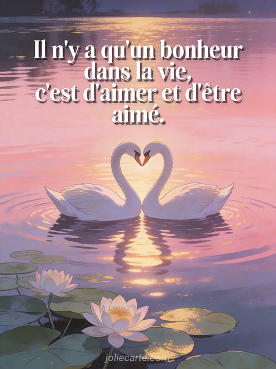 Deux cygnes formant un cœur sur un lac au crépuscule avec des reflets roses et le texte Il n'y a qu'un bonheur dans la vie c'est d'aimer et d'être aimé