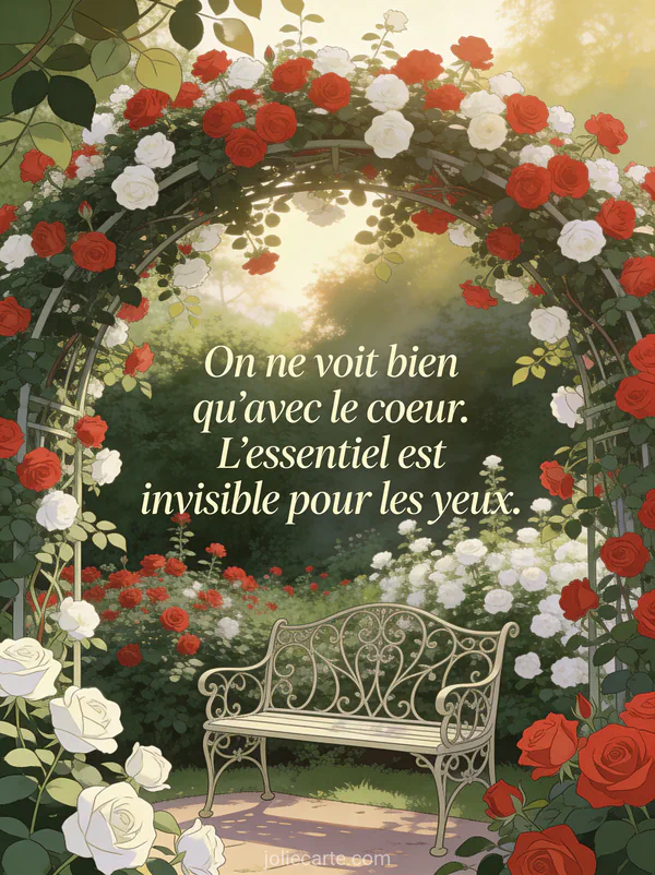 Jardin de roses rouges et blanches avec un banc en fer forgé sous une arche fleurie et le texte On ne voit bien qu'avec le cœur