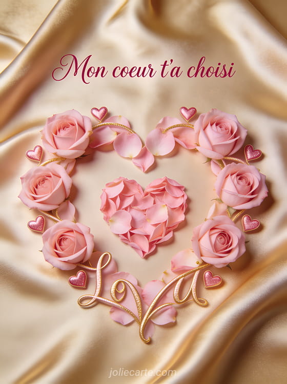 Deux roses rouges entrelacées sur soie ivoire avec le texte Tu es la personne que mon cœur a choisi