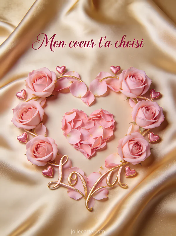 Deux roses rouges entrelacées sur soie ivoire avec le texte Tu es la personne que mon cœur a choisi