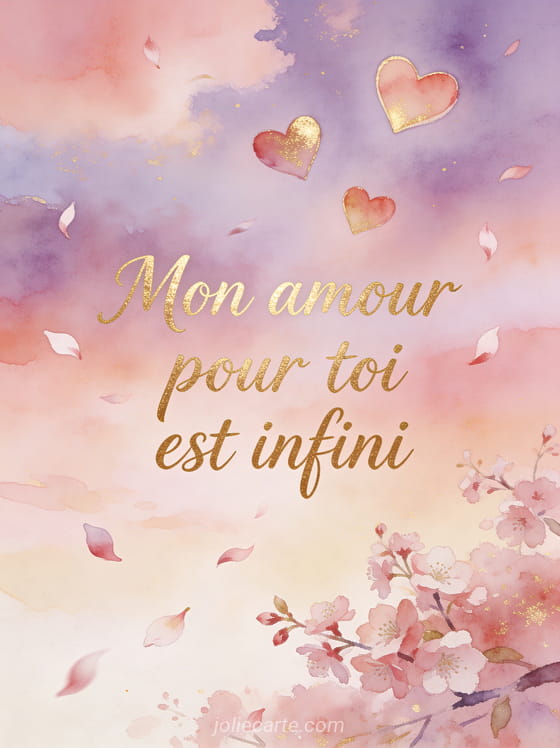 Cœurs en aquarelle flottant dans un ciel rose et mauve avec pétales de cerisier et le texte Mon amour pour toi est infini