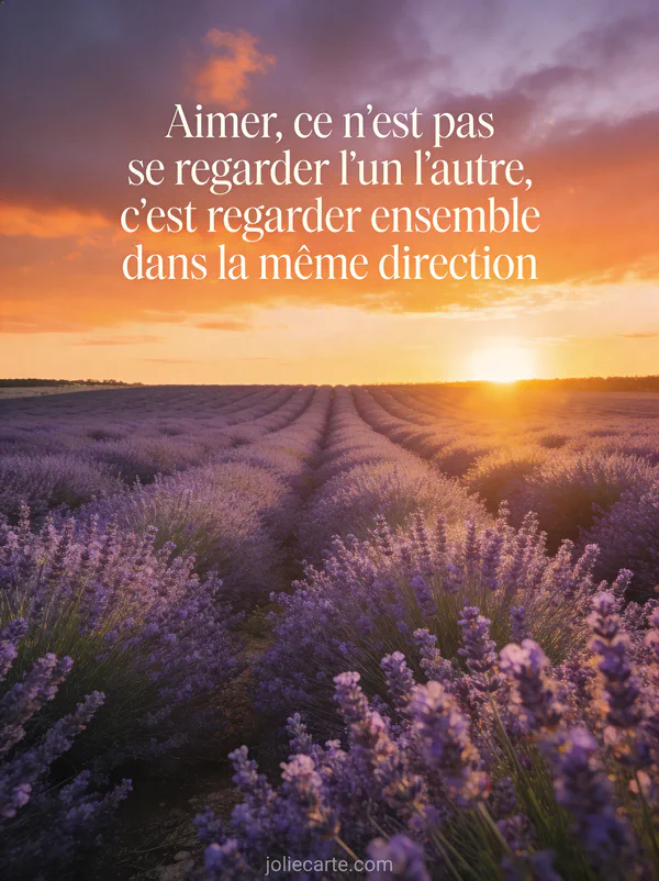 Champ de lavande au coucher du soleil avec ciel doré et la citation Aimer ce n'est pas se regarder l'un l'autre