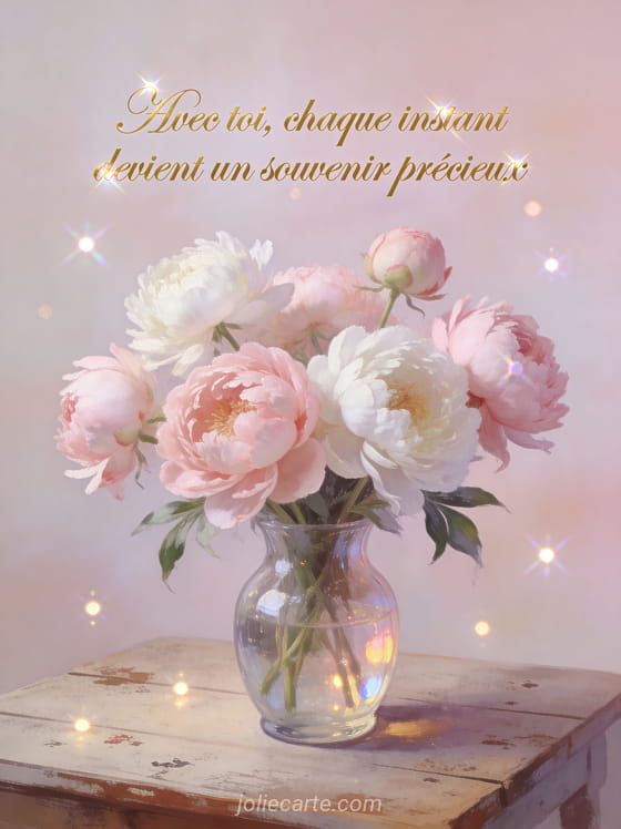 Bouquet de pivoines roses et blanches dans un vase en verre avec lumières scintillantes et texte déclaration d'amour