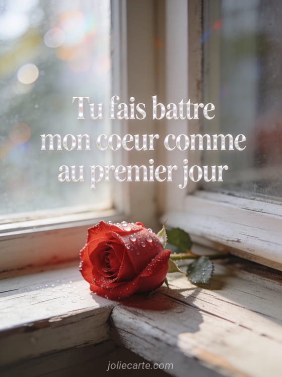 Rose rouge couverte de rosée sur rebord de fenêtre avec lumière douce et le texte Tu fais battre mon cœur comme au premier jour