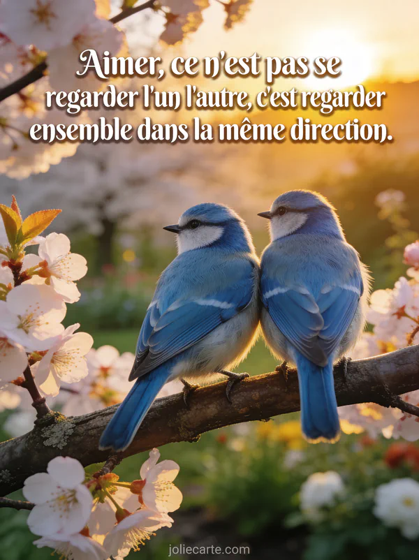 Couple de mésanges bleues perchées sur une branche de cerisier en fleurs devant un lever de soleil doré