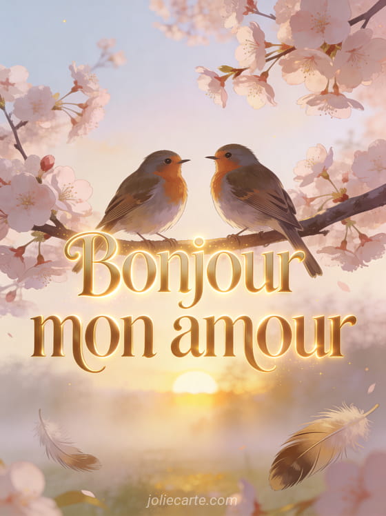 Deux rouge-gorges sur une branche de cerisier en fleurs face à un lever de soleil doré avec le texte Bonjour mon amour