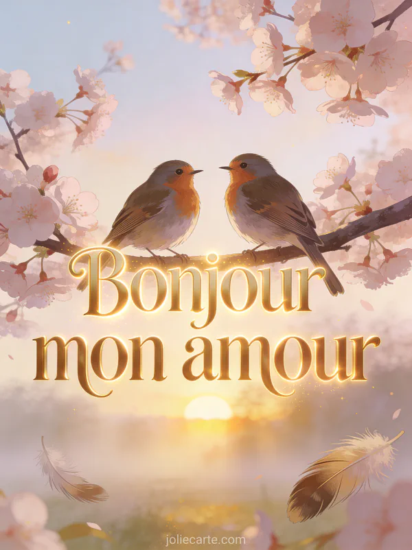Deux rouge-gorges sur une branche de cerisier en fleurs face à un lever de soleil doré avec le texte Bonjour mon amour