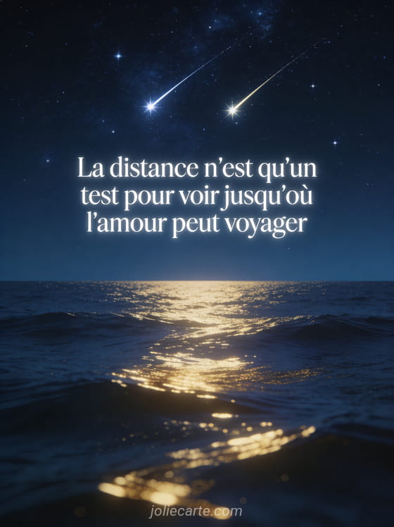Ciel étoilé au-dessus d'un océan calme avec deux étoiles filantes et le texte La distance n'est qu'un test pour voir jusqu'où l'amour peut voyager