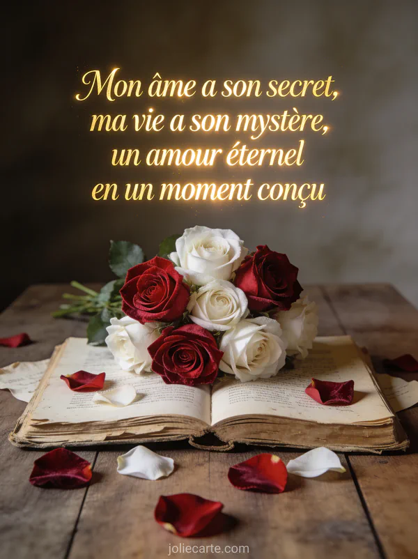 Bouquet de roses rouges et blanches posé sur un vieux livre ouvert avec le texte Mon âme a son secret en lettres dorées