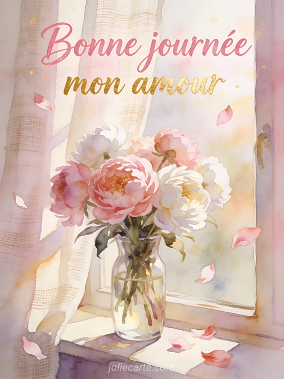 Bouquet de pivoines roses et blanches dans un vase en verre sur un rebord de fenêtre baigné de lumière avec le texte Bonne journée mon amour
