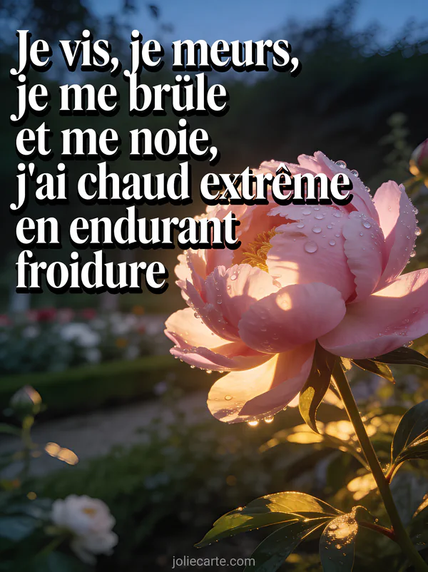 Pivoine rose en gros plan avec gouttes de rosée et le texte Je vis je meurs je me brûle et me noie en lettres blanches élégantes