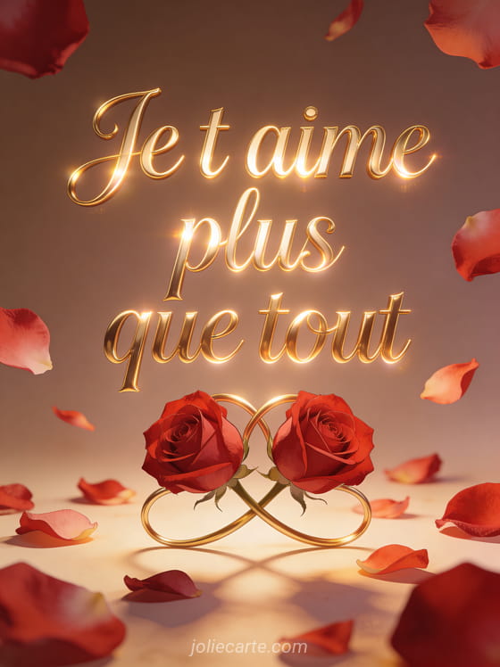 Deux roses rouges entrelacées sur un fond de pétales dispersés avec le texte Je t'aime plus que tout en lettres dorées