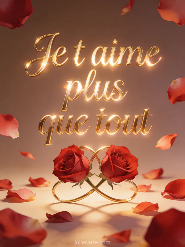 Deux roses rouges entrelacées sur un fond de pétales dispersés avec le texte Je t'aime plus que tout en lettres dorées