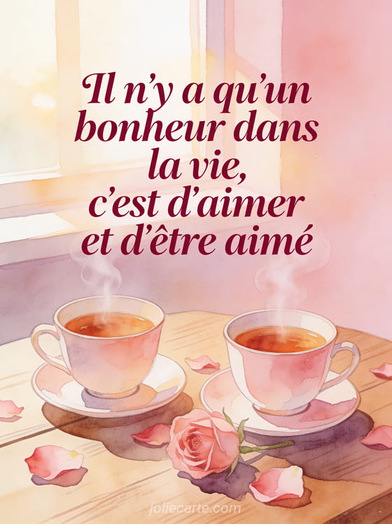 Illustration aquarelle de deux tasses de thé fumantes avec des pétales de rose et le texte Il n'y a qu'un bonheur dans la vie