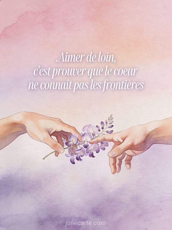 Illustration aquarelle de deux mains tendues avec des fleurs de glycine violet pâle entre elles sur fond pastel avec le texte Aimer de loin c'est prouver que le cœur ne connaît pas les frontières
