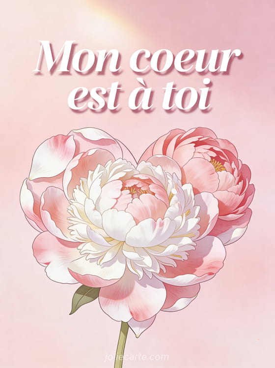 Grand cœur composé de pétales de pivoine rose et blanc sur fond pastel avec le texte Mon cœur est à toi