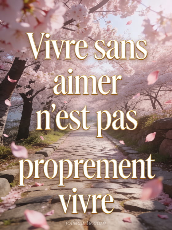 Chemin bordé de cerisiers en fleurs avec pétales roses volant dans la brise et le texte Vivre sans aimer en lettres crème
