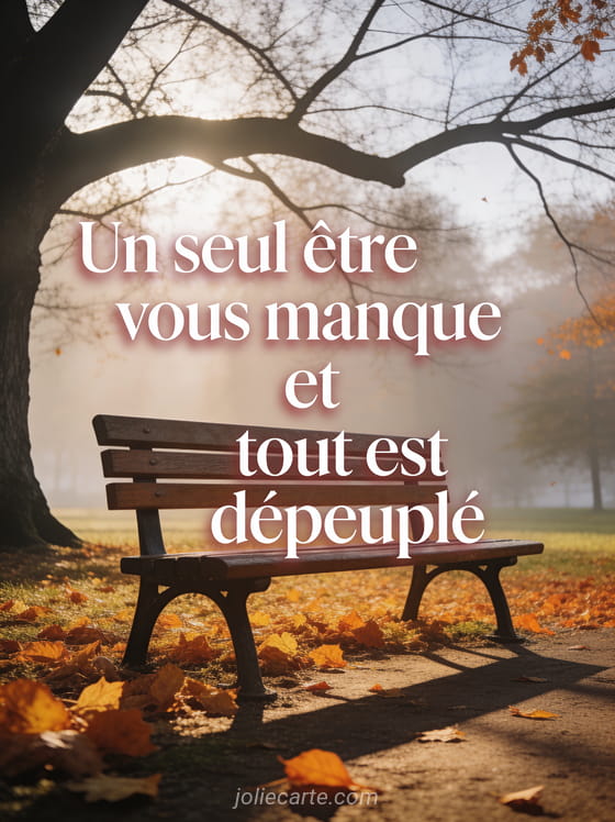 Banc solitaire dans un parc d'automne avec feuilles dorées et brume légère et le texte Un seul être vous manque