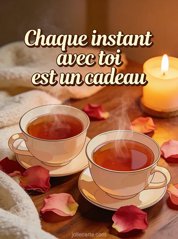 Deux tasses de thé fumantes côte à côte sur une table en bois avec des pétales de rose et une lumière de bougie