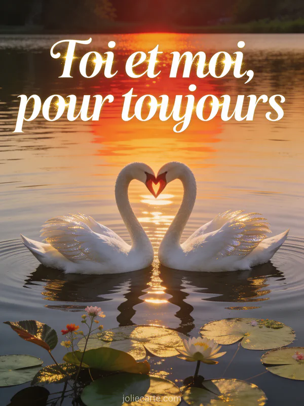 Deux cygnes blancs sur un lac calme formant un cœur avec leurs cous au coucher de soleil avec nénuphars