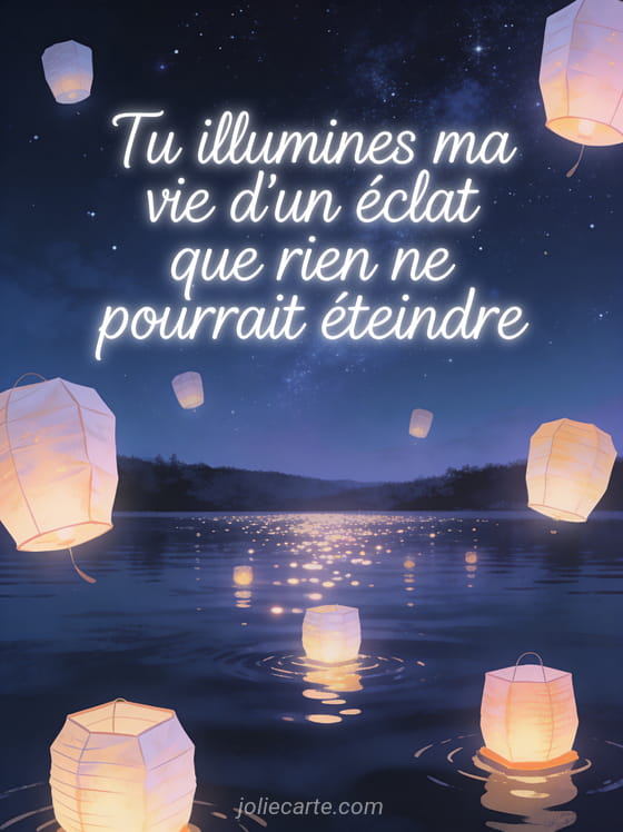 Lanternes en papier flottant dans un ciel étoilé au-dessus d'un lac avec le texte Tu illumines ma vie