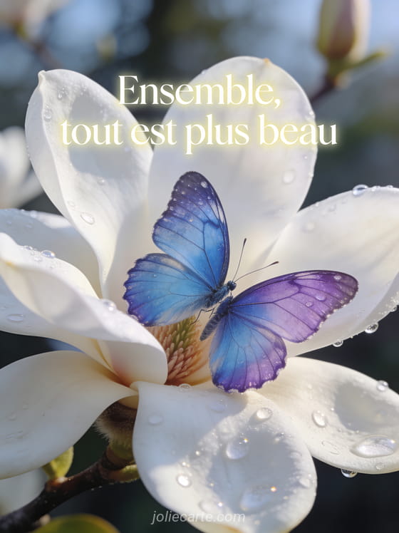 Deux papillons bleu et violet posés sur une fleur de magnolia blanche avec gouttes de rosée