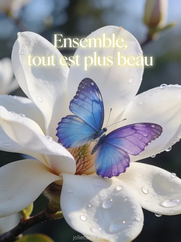 Deux papillons bleu et violet posés sur une fleur de magnolia blanche avec gouttes de rosée